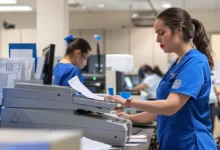 A healthcare professional in blue scrubs diligently working on a computer, handling HIPAA faxing responsibilities.