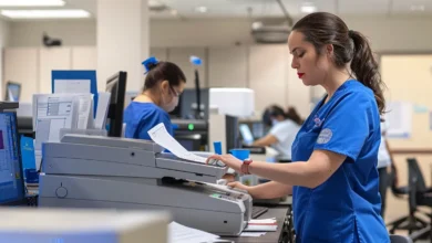 A healthcare professional in blue scrubs diligently working on a computer, handling HIPAA faxing responsibilities.