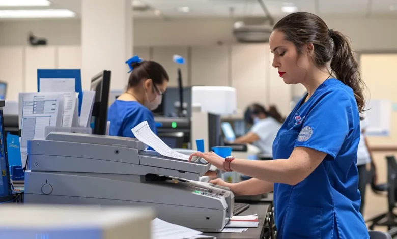 A healthcare professional in blue scrubs diligently working on a computer, handling HIPAA faxing responsibilities.